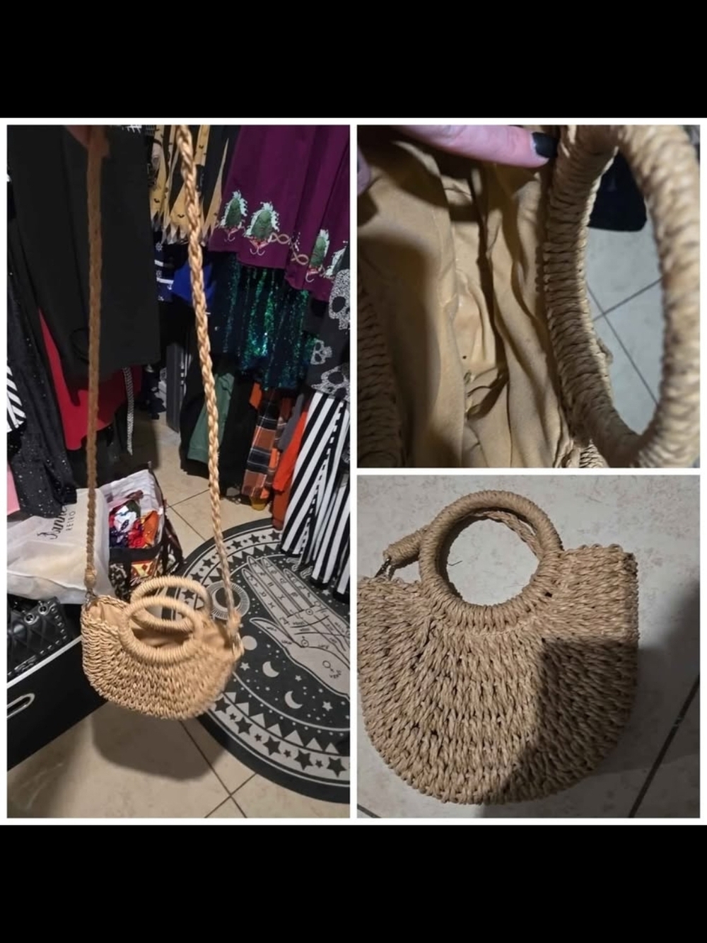 Woven Straw Circle-Handle Crossbody Bag - Natural